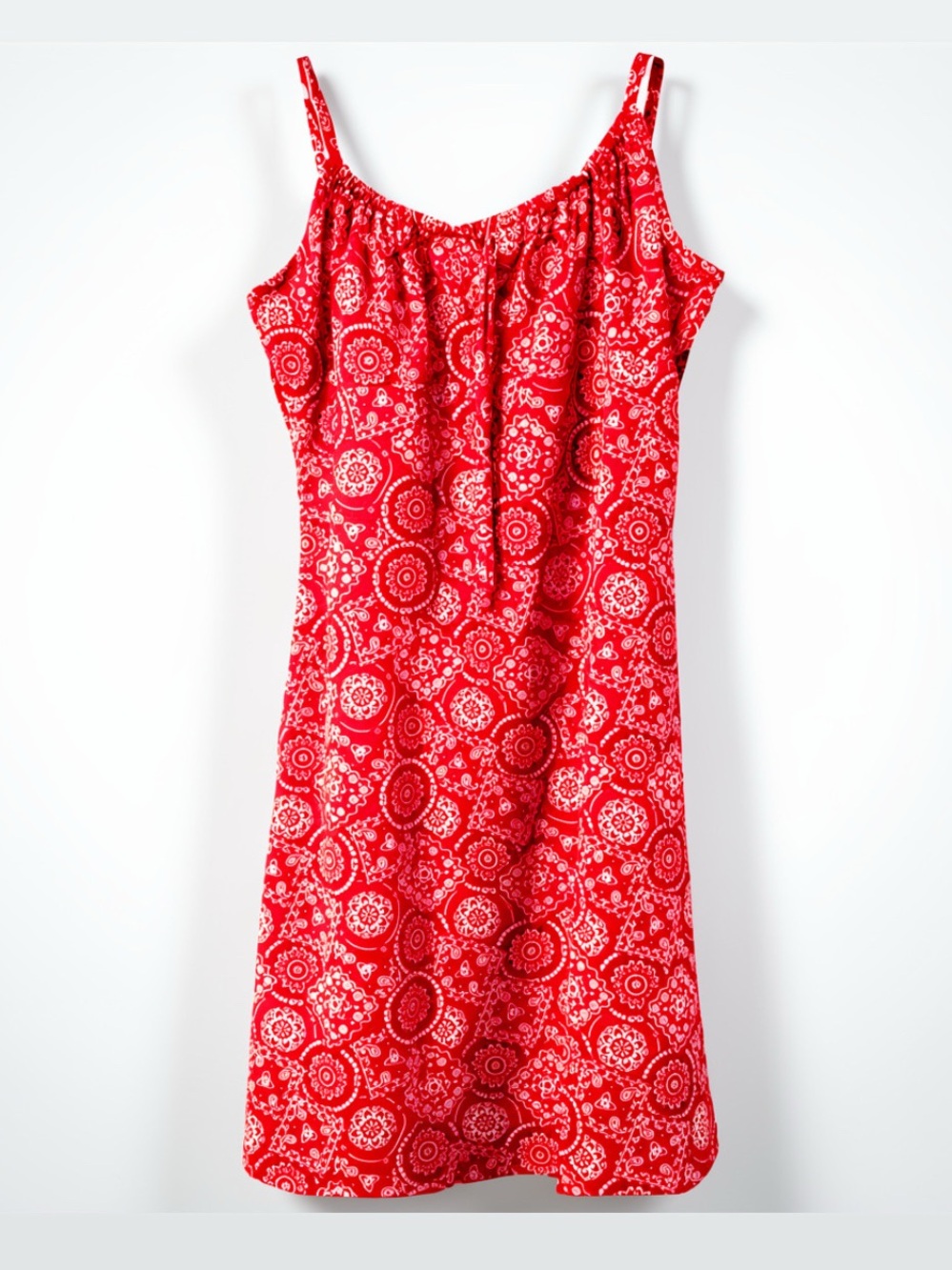 Beautiful Red Handkerchief Printed Shift Spaghetti Strap Dress Ties in Front